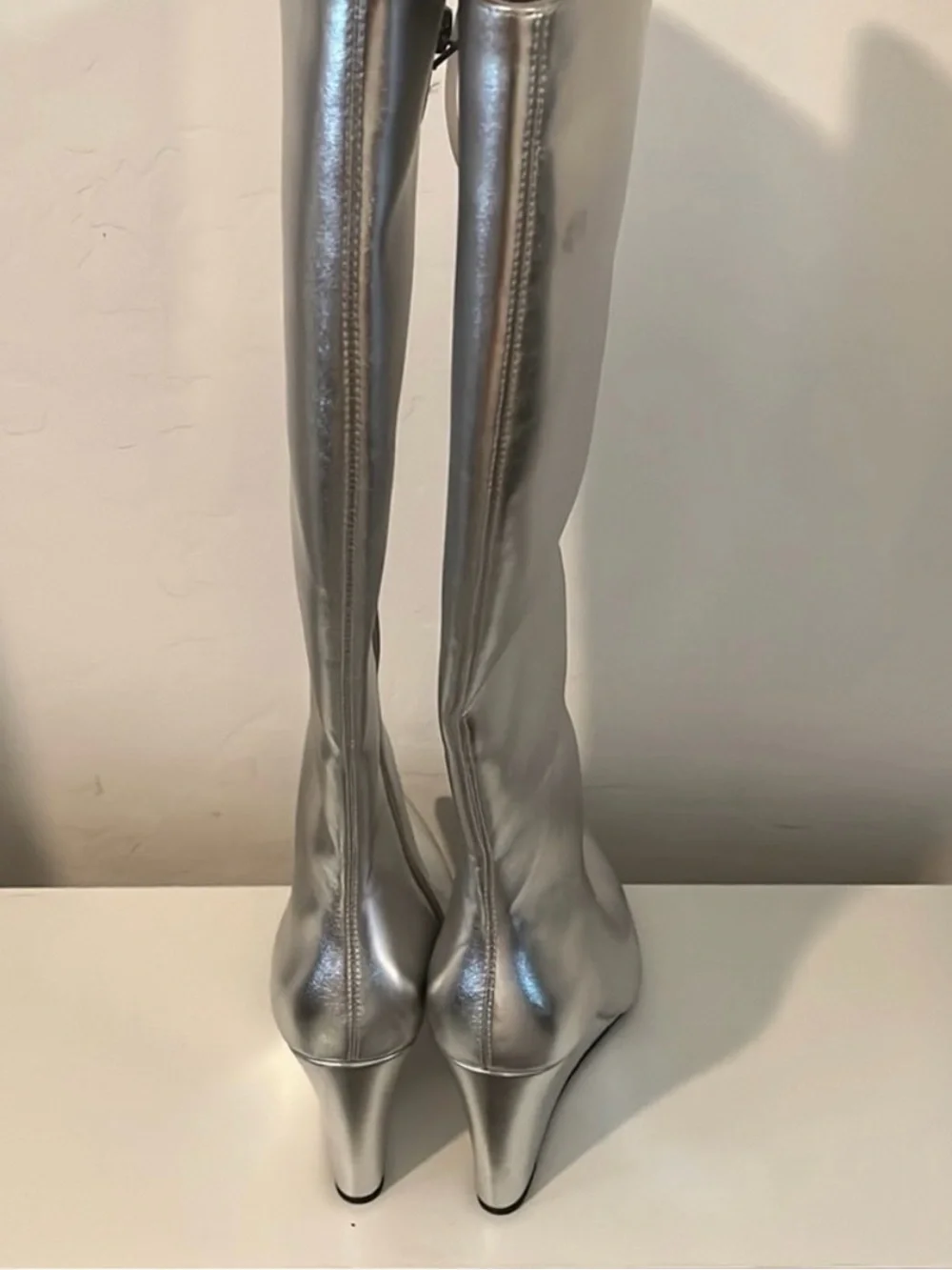 Open Edit Silver Pointed-Toe Knee-High Boots - Women's Fashion